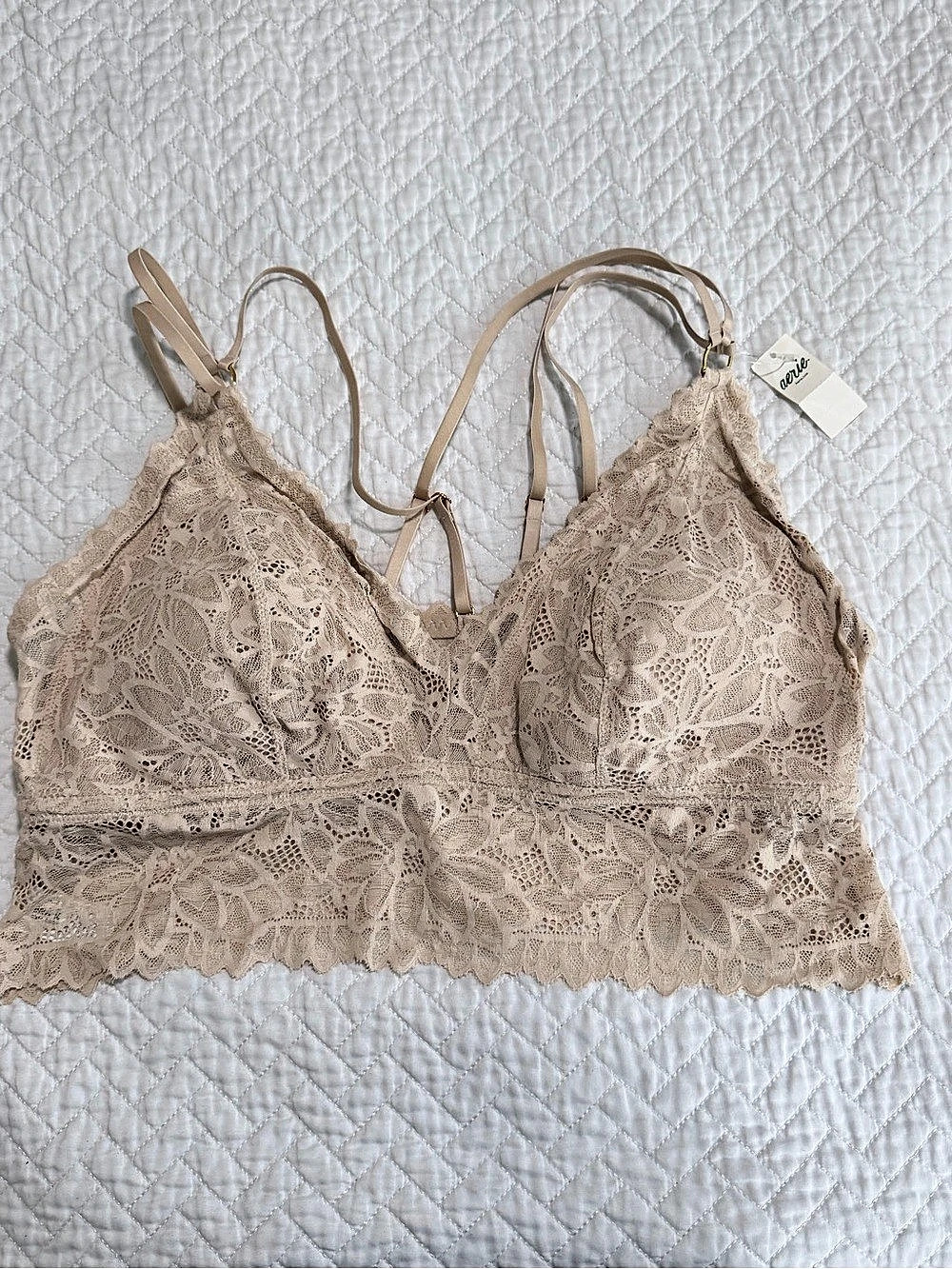 Aerie Sun-Kissed Lace Padded Plunge Bralette Nude Beige XL NWT